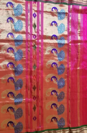 Pink and gold handloom tissue silk Paithani saree with sea blue peacock motifs and traditional zari weaving