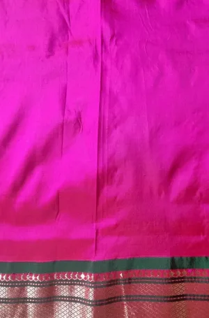 Magenta handloom tissue silk Paithani saree with green and gold zari border, traditional Maharashtrian silk weave