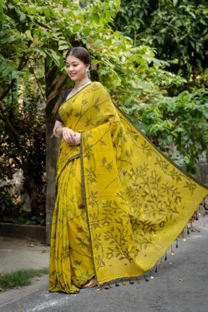 Mustard Yellow Bengal Cotton Jamdani Saree