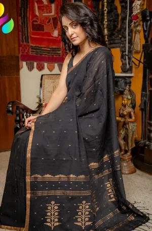 Black Handloom Bengal Cotton Jamdani Saree