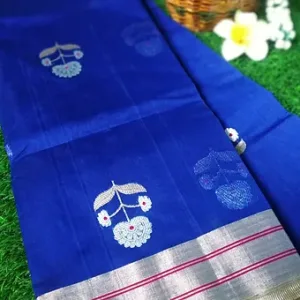 Royal blue Chanderi handloom saree featuring delicate white and pink floral butta motifs with a silver-pink zari border, displayed on green grass with flower decor