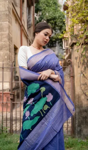 Woman wearing a blue handloom cotton saree with floral patterns, posing elegantly outdoors.