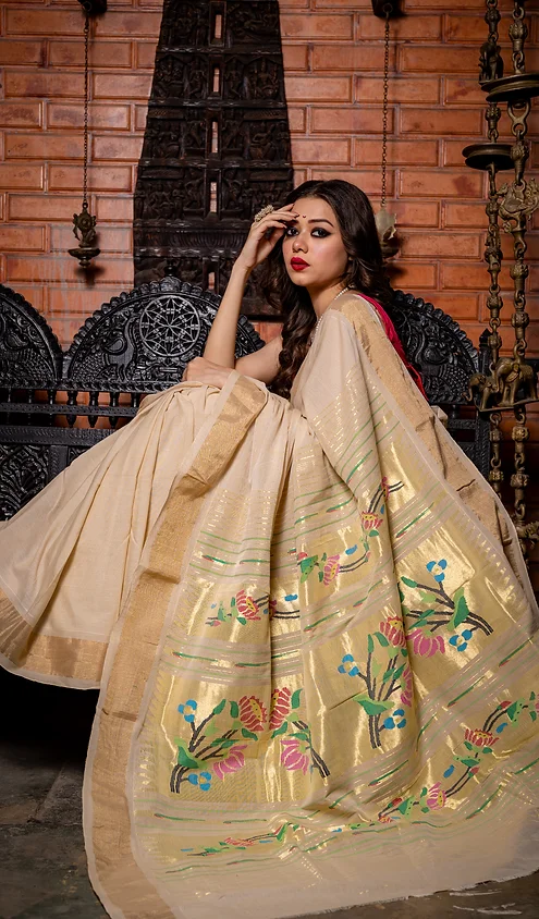 Handloom-Cotton-Paithani-main Beige Handloom Cotton Paithani Saree