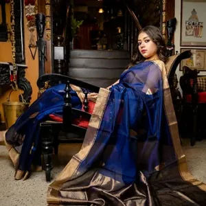 Navy blue handloom cotton silk Chanderi saree with golden zari border and woven butti motifs, styled in a traditional ethnic setting.”