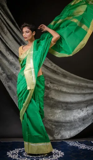 A model draped in a green handloom cotton silk Chanderi saree, showcasing intricate draping and a flowing pallu.