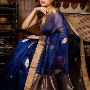 Navy blue handloom cotton silk Chanderi saree with golden zari border and intricate butti motifs, showcased in a traditional setting.