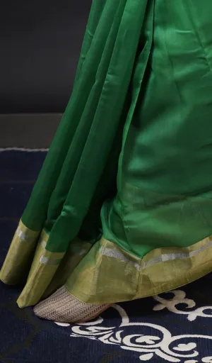 Green handloom cotton silk Chanderi saree with a contrasting border, draped elegantly, showcasing its texture and color.