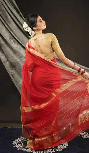 Shop Scarlet Red Handloom Cotton Silk Chanderi Saree with golden zari border. Elegant festive & wedding wear saree.