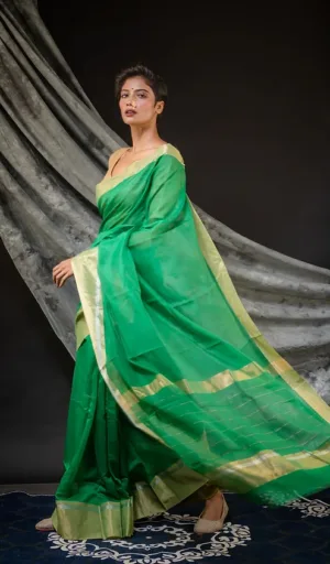 Green Handloom Cotton Silk Chanderi Saree with Golden Zari Border