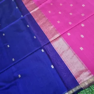 Handloom cotton silk Maheshwari saree in dual-tone royal blue and pink with silver zari border and small butti motifs
