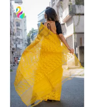 Mustard yellow handloom Dhakai Jamdani saree with intricate floral geometric weaving, worn by woman