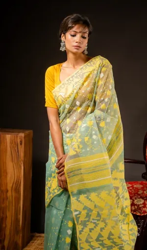 Teal green handloom Dhakai Jamdani saree with yellow geometric and floral woven motifs