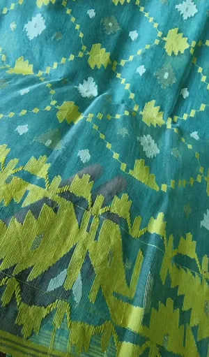 Teal blue handloom Dhakai Jamdani saree with lime green and ivory geometric floral motifs