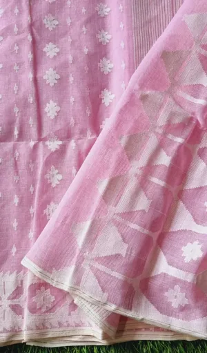 Light pink handloom Dhakai Jamdani saree with white floral motifs and traditional woven border