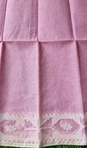 Light pink handloom Dhakai Jamdani saree with traditional geometric floral border and soft woven texture