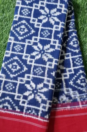 Indigo blue handloom double ikat cotton saree with white geometric woven patterns and red border