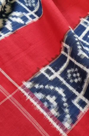Red handloom double ikat cotton saree with indigo blue geometric woven motifs
