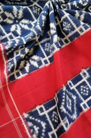 Red and blue handloom double ikat cotton saree with traditional geometric woven patterns