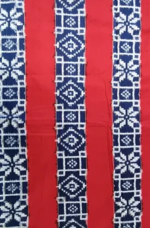 Red handloom double ikat cotton saree with blue and white geometric woven stripes
