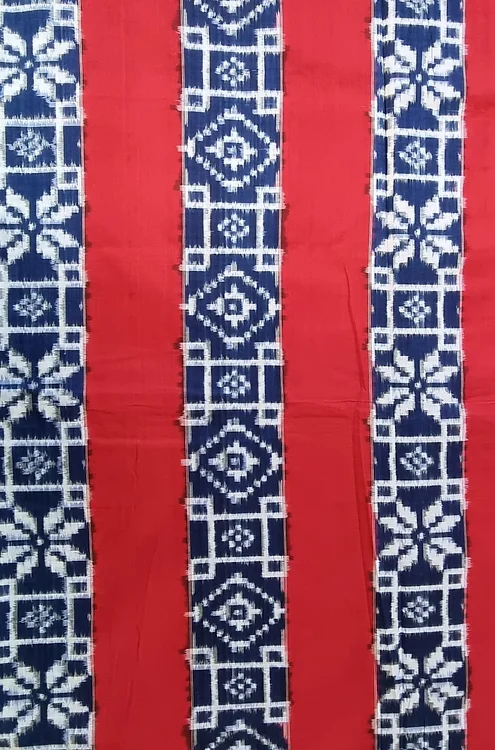 Handloom-Double-Ikat-Cotton-Saree-7 Red handloom double ikat cotton saree with blue and white geometric woven stripes