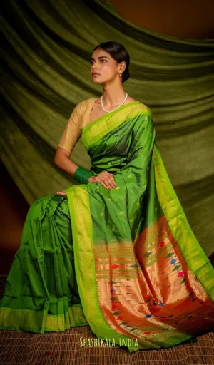Green Handloom Fusion Chanderi Paithani Saree