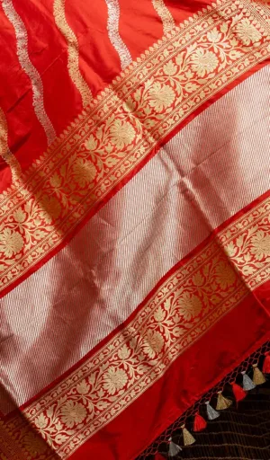 Red handloom Katan silk Banarasi saree with gold kadhua woven floral border and striped zari pallu