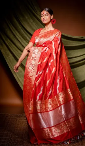 Red Handloom Katan Silk Kadhua Stripes Banarasi Saree
