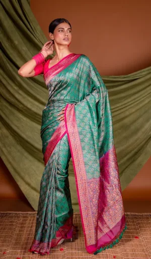 Green & Pink Handloom Katan Silk Tanchoi Banarasi Saree