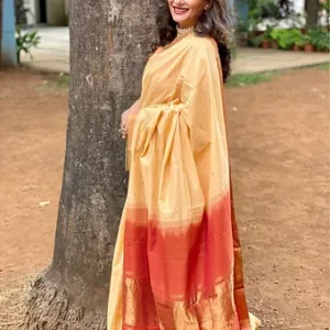 Woman wearing a handloom Mangalagiri saree with a nizam border, showcasing a blend of yellow and red colors.