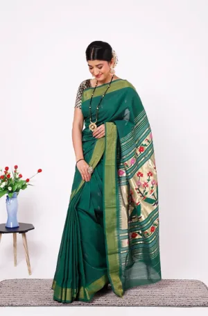 Deep green handloom pure cotton Paithani saree with subtle woven butti and olive green zari border, traditional ethnic wear