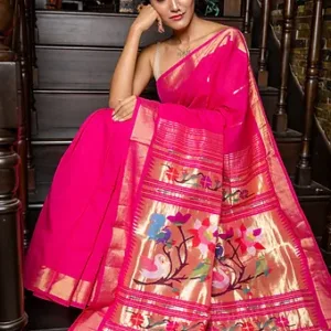 Hot Pink Cotton Paithani Saree