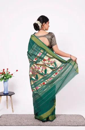 Bottle Green Pure Cotton Paithani Saree