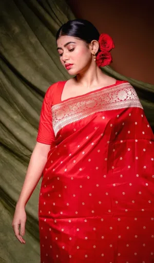 Model wearing red handloom pure silk Banarasi saree with gold zari border and delicate butti motifs
