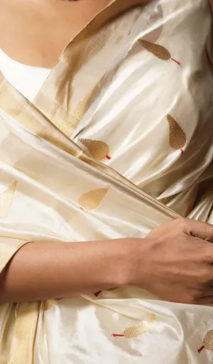 Close-up of a handloom pure silk Chanderi saree with intricate leaf motifs in gold and red on a cream background.