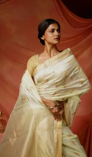Model wearing a handloom pure silk Chanderi saree with intricate patterns, showcasing a soft golden hue and elegant draping style.