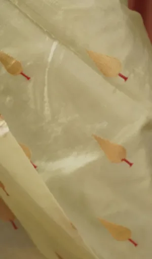 Close-up of a handloom pure silk Chanderi fabric with intricate leaf motifs embroidered in gold and red.