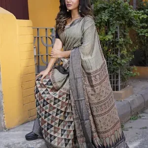 Tussar Silk Ajrakh Mangalagiri Saree