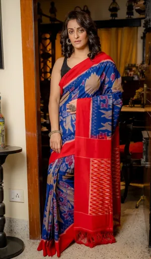 Woman wearing blue and red handloom single ikat cotton saree with traditional woven motifs