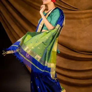 Blue & Green Handloom Cotton Silk Maheshwari Saree