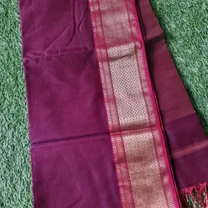 Wine Handloom Cotton Silk Maheshwari Saree