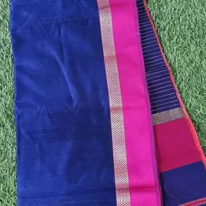 Handloom cotton silk Maheshwari saree in deep royal blue with a vibrant pink resham border, subtle silver zari accent, and traditional striped pallu design