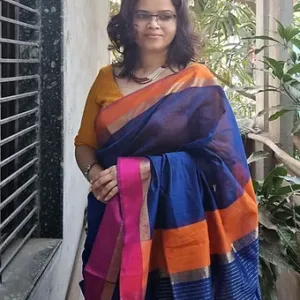 Handloom Cotton Silk Maheshwari Saree with Resham Border – Blue & Orange