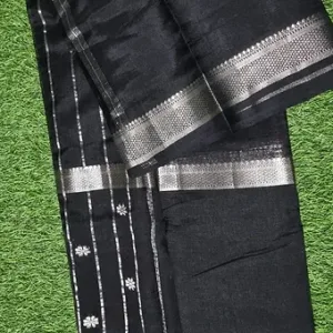Black handloom cotton silk Mangalagiri saree with double silver zari border and striped pallu