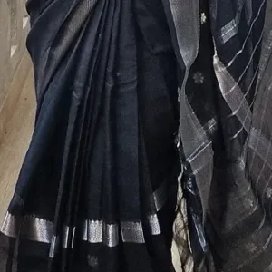 Black handloom cotton silk Mangalagiri saree with double silver zari border and soft pleats