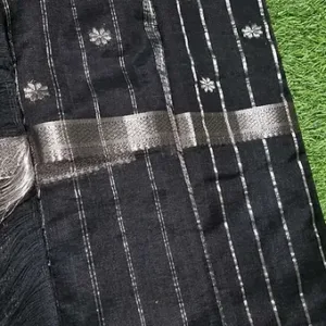 Black handloom cotton saree with silver zari border and fine vertical stripe weave