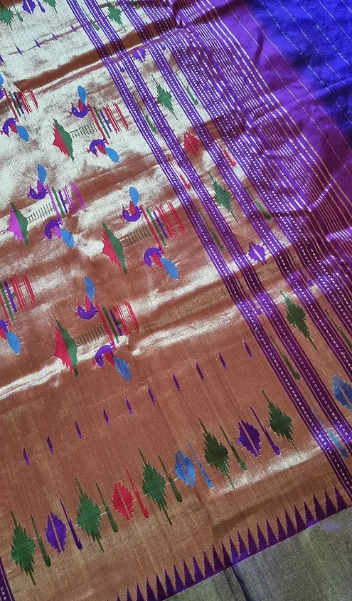 Handloom-fusion-chanderi-paithani-3 Copper brown and purple handloom fusion Chanderi Paithani saree with multicolour peacock motifs and traditional woven border