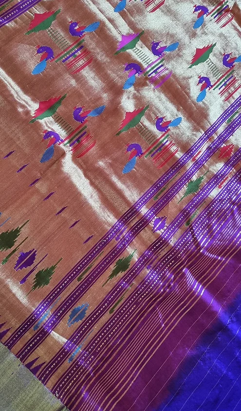 Handloom-fusion-chanderi-paithani-4 Copper brown and purple handloom fusion Chanderi Paithani saree with multicolour peacock motifs and traditional woven border