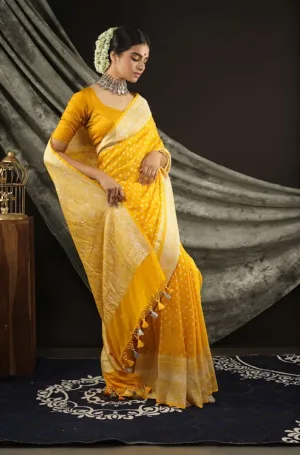 A woman draped in a yellow handloom khadi georgette Banarasi saree, showcasing intricate patterns and a contrasting blouse.