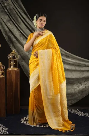 A woman draped in a yellow handloom khadi georgette Banarasi saree, adorned with intricate patterns and a matching blouse.