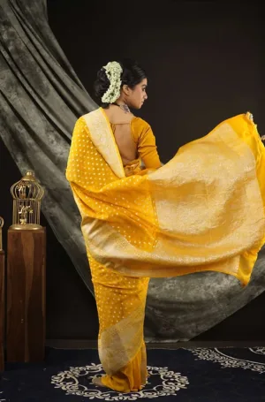 A woman wearing a yellow handloom khadi georgette Banarasi saree, showcasing intricate patterns and a flowing drape.